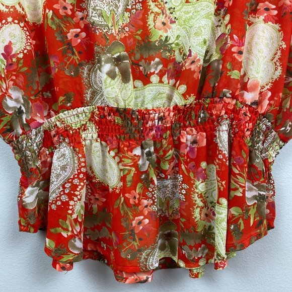 Rafaella Top L Floral Red Green Semi Sheer‎ Smocked Short Dolman Sleeve - Picture 6 of 9